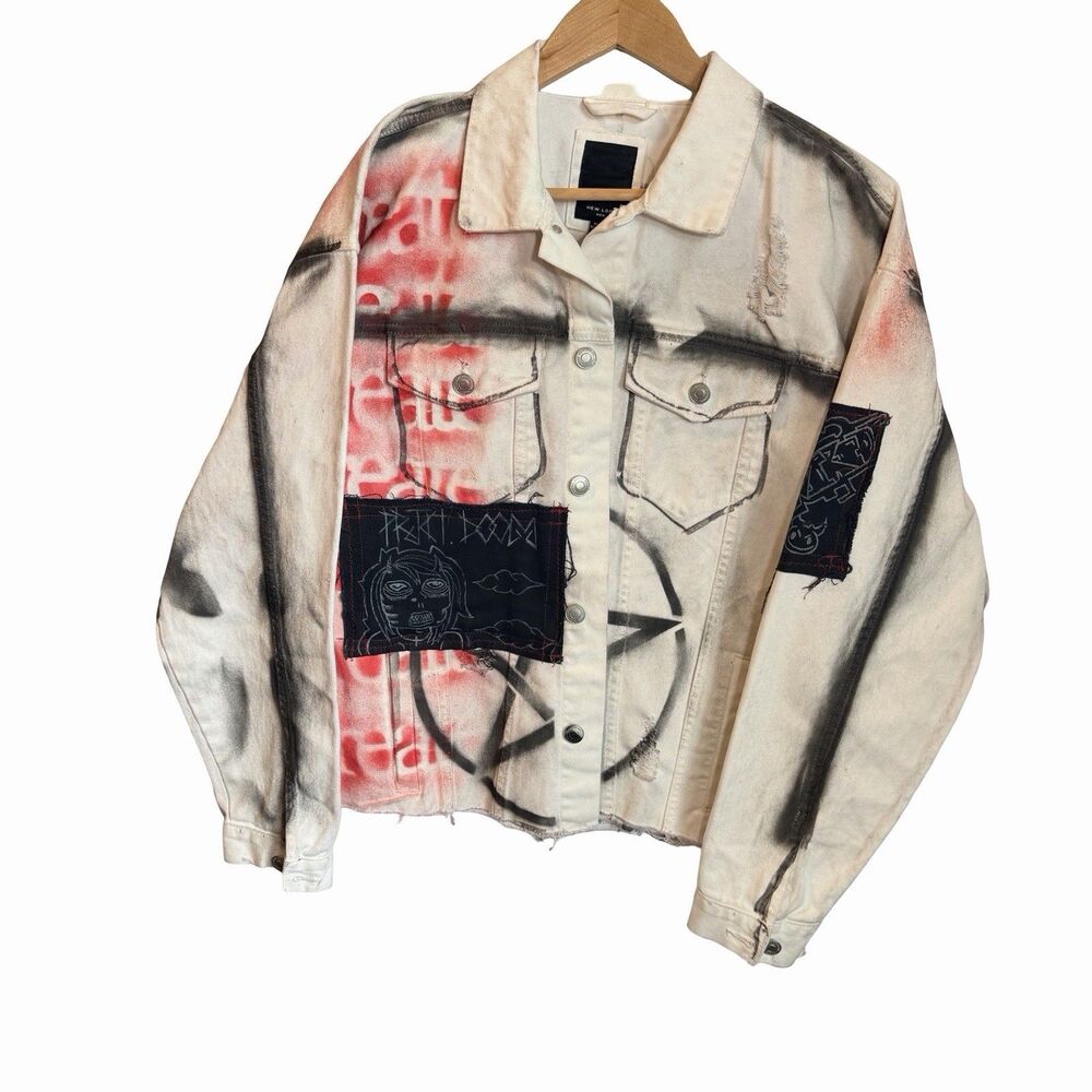 Hand Painted Graffiti Jacket Street Art Punk New Look White Denim Small Raw Hem